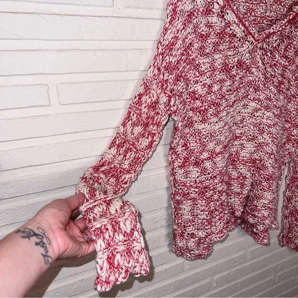 Free People Red White Cotton Linen Blend Open Knit Sweater, Women’s Size Small - Picture 6 of 10